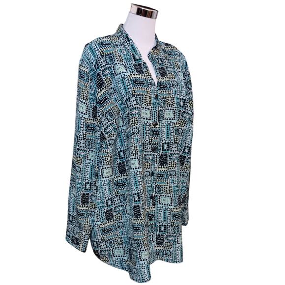 VINTAGE MAGGIE BARNES Blouse Top Long Size 3X No Wrinkle‎ Satin Poly Geometric - Picture 4 of 9